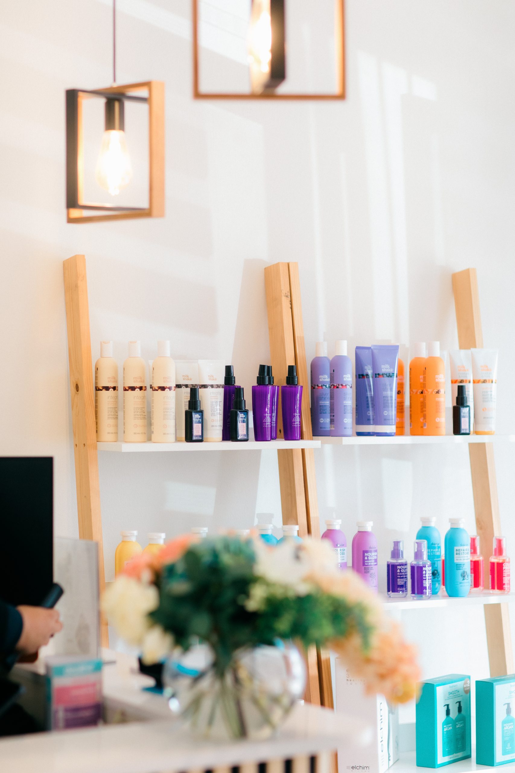 Haircare products on a shelf